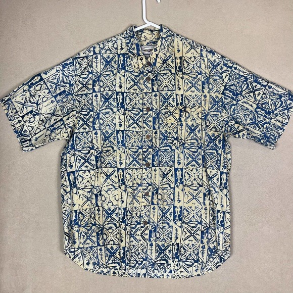 Sraight Down Other - Straight Down‎ Button Up Shirt Extra Large Cream/Blue Hawaiian Cotton Mens
